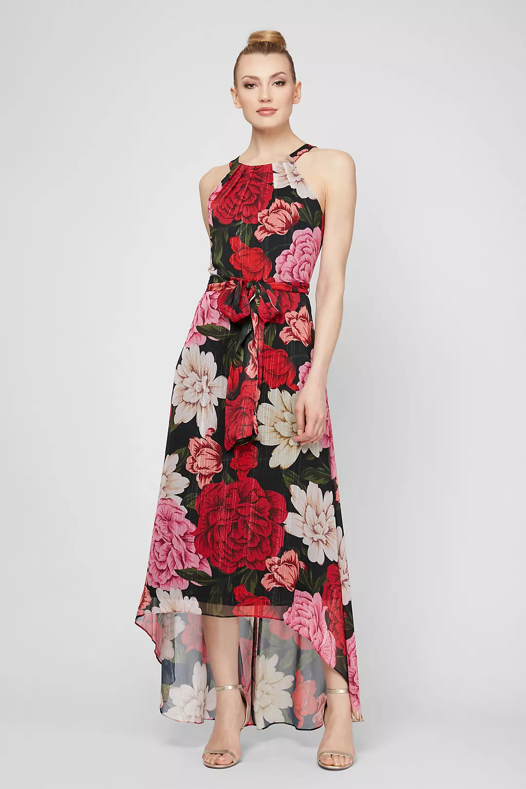 High-Low Floral Chiffon Maxi Dress with Belt Image
