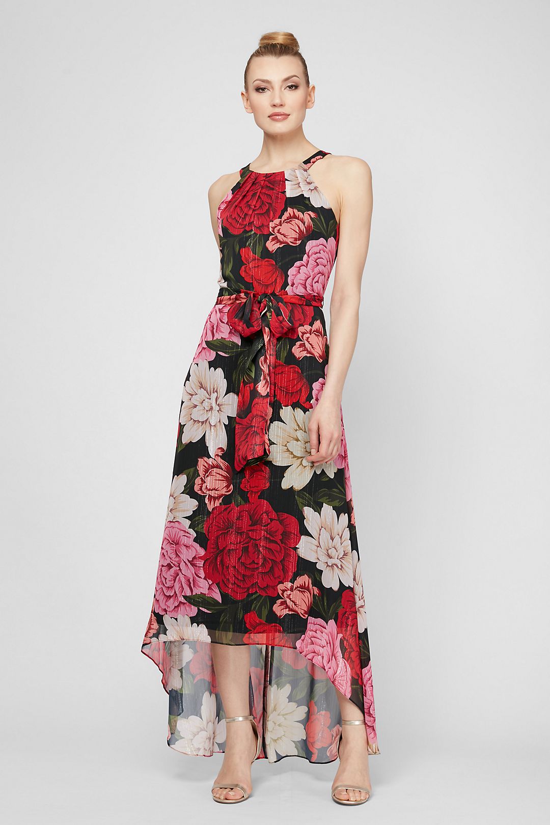 High-Low Floral Chiffon Maxi Dress with Belt Image 1