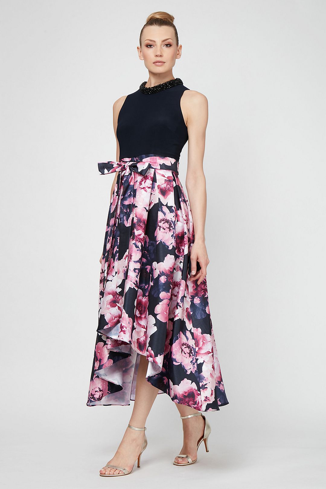 High-Low Printed Ball Gown with Necklace Collar Image 1