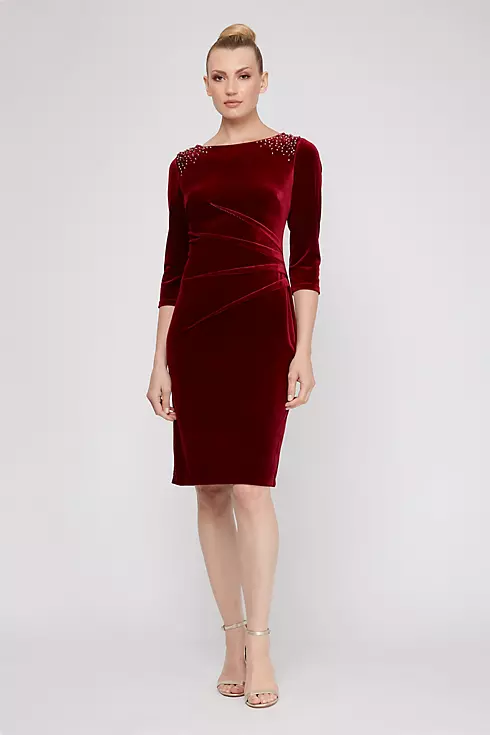 Short Ruched Velvet Sheath Dress with Beading Image 1