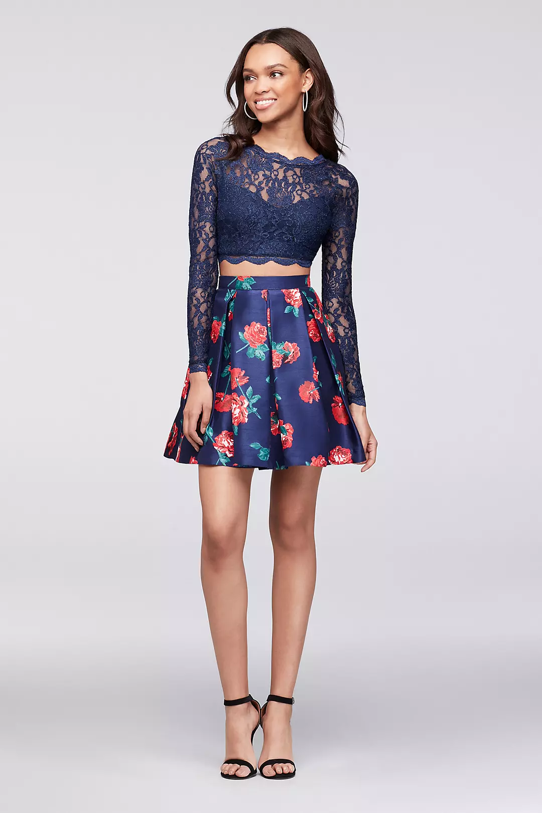Shantung Skirt Set with Long-Sleeve Lace Crop Top Image