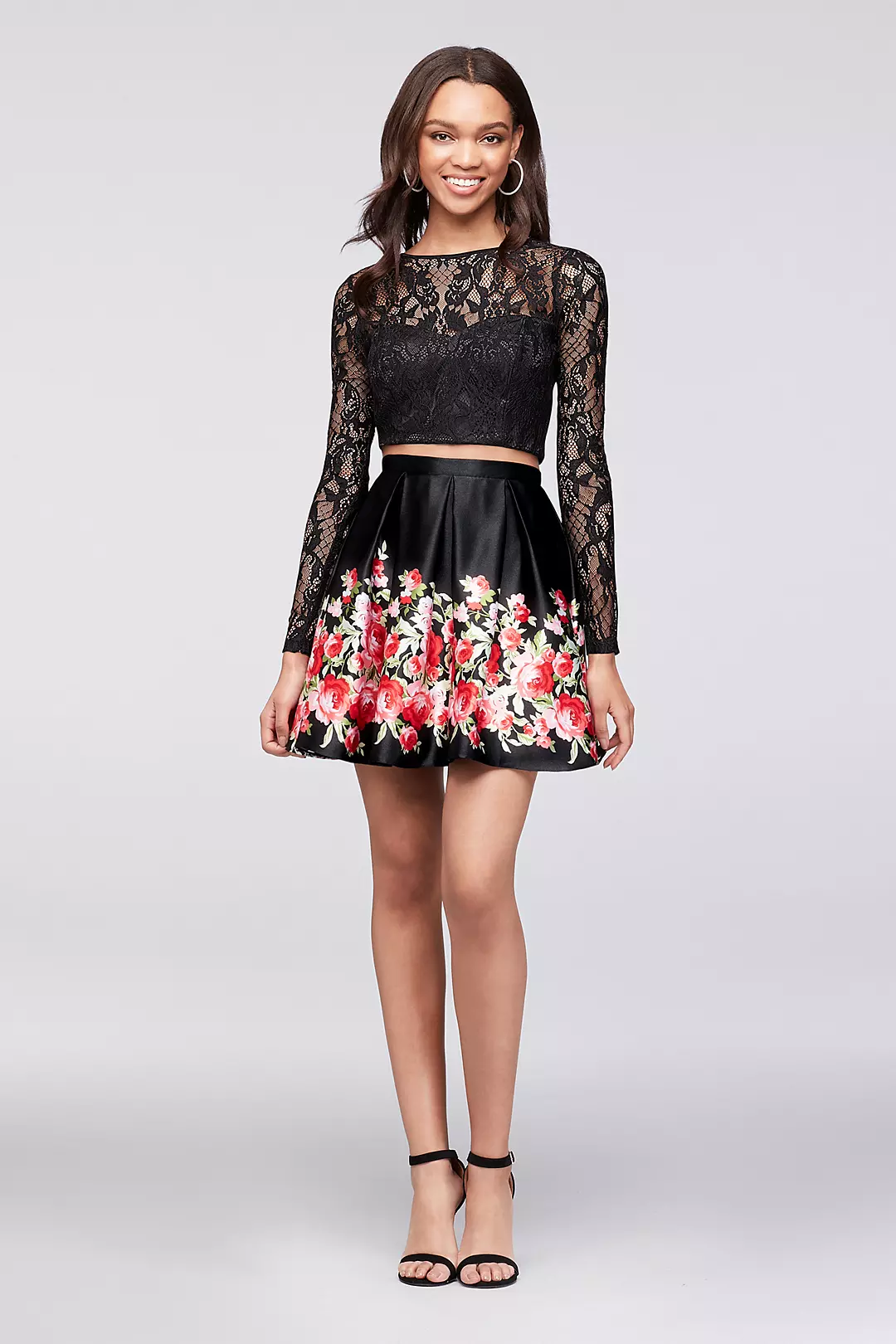 Long-Sleeve Lace Crop Top and Satin Skirt Set Image