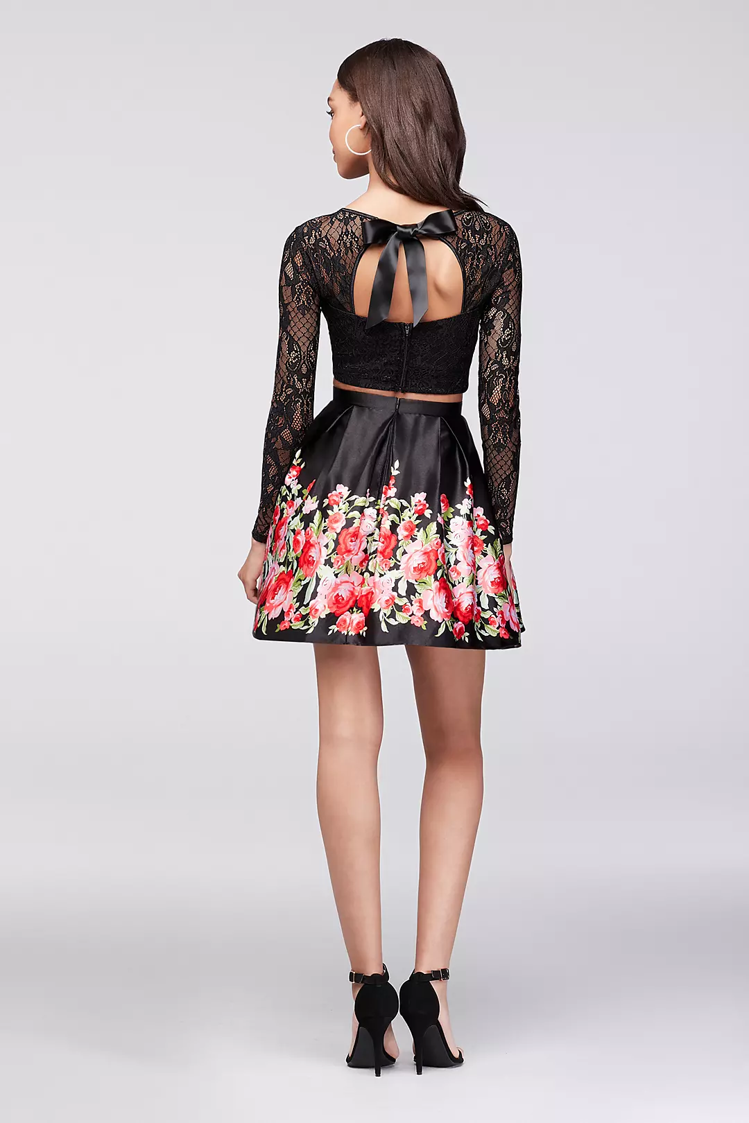 Long-Sleeve Lace Crop Top and Satin Skirt Set Image 2