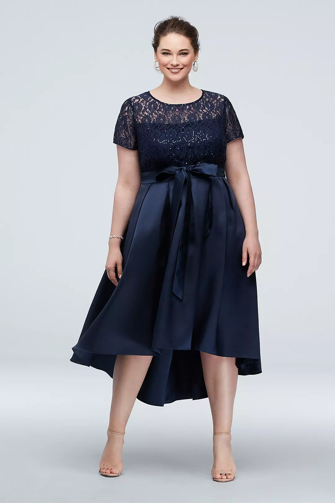 Short Sleeve Sequin Lace and Mikado Midi Dress Image