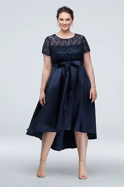 Short Sleeve Sequin Lace and Mikado Midi Dress Image 1