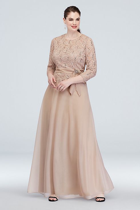 3/4 Sleeve Glitter Lace Plus Size Gown with Sash Image