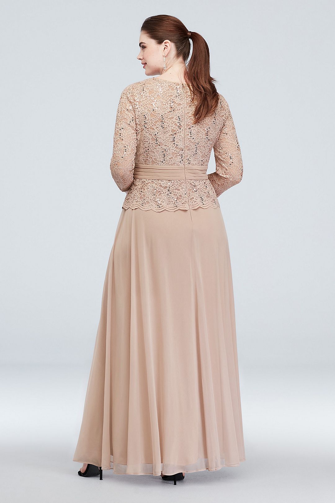 3/4 Sleeve Glitter Lace Plus Size Gown with Sash Image 2