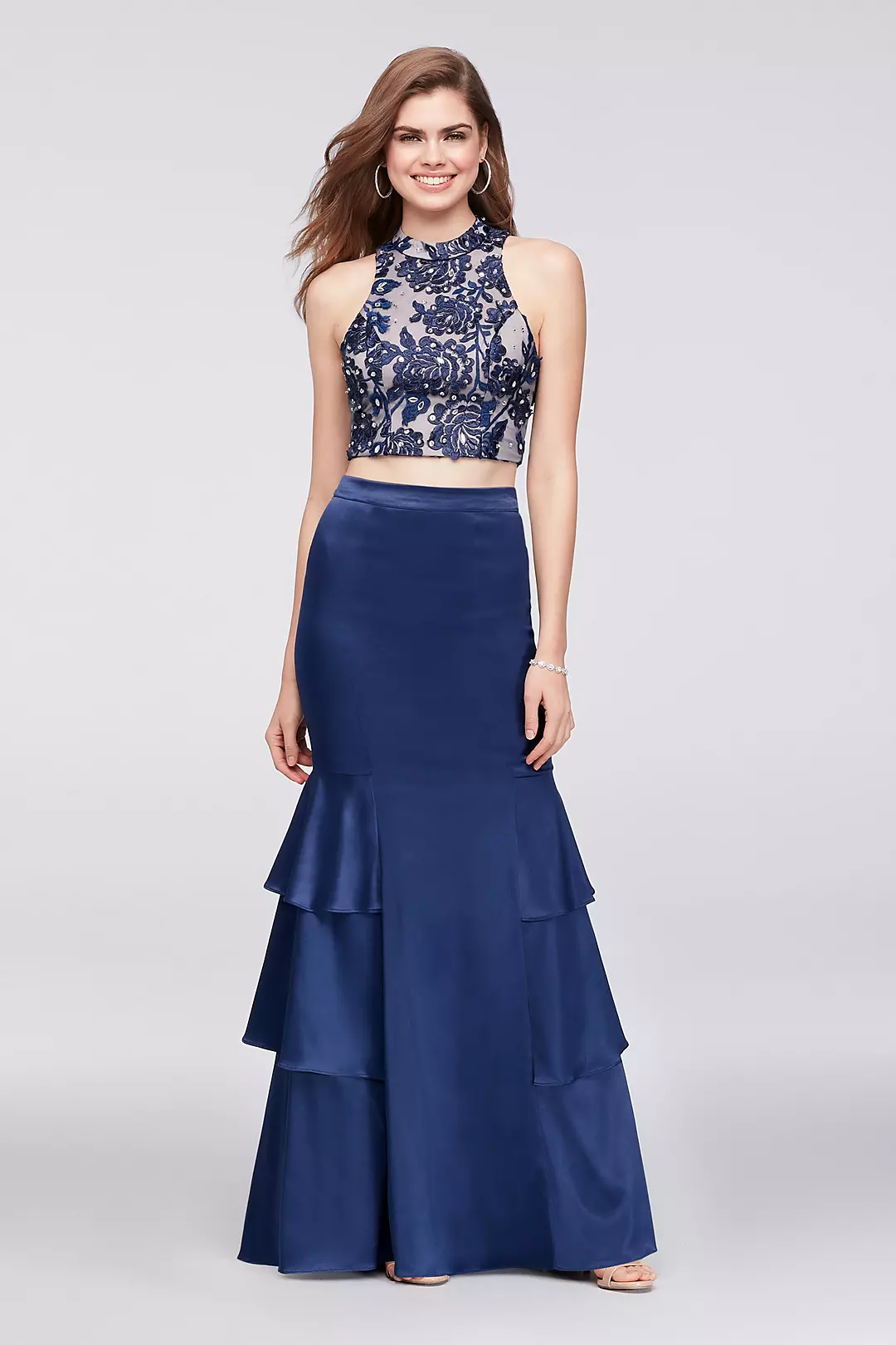 Beaded Top and Tiered Satin Skirt Two-Piece Image