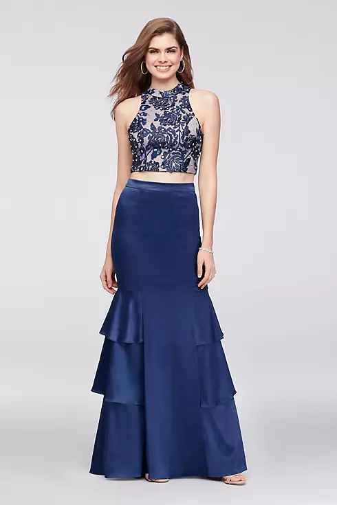 Beaded Top and Tiered Satin Skirt Two-Piece Image 1