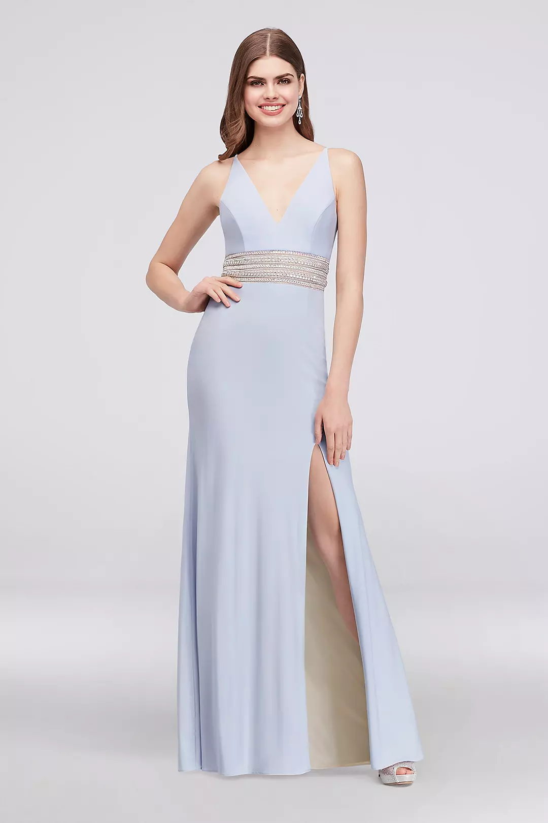 Jersey A-Line Gown with Beaded Waist and V-Back Image