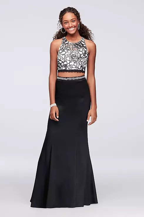 Floral Sequin Two-Piece Dress with Satin Skirt Image 1