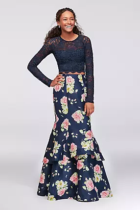 Scalloped Lace and Shantung Two-Piece Prom Dress | David's Scalloped Lace and Shantung Two-Piece Prom Dress | David's