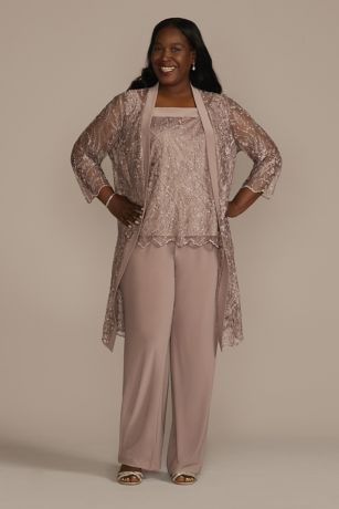 Three Piece Embroidered Sequin Lace Pants Suit | David's Bridal