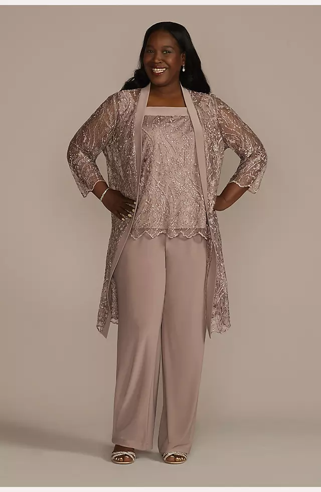 Three Piece Embroidered Sequin Lace Pants Suit Image