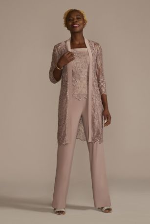Three Piece Embroidered Sequin Lace Pants Suit David's Bridal