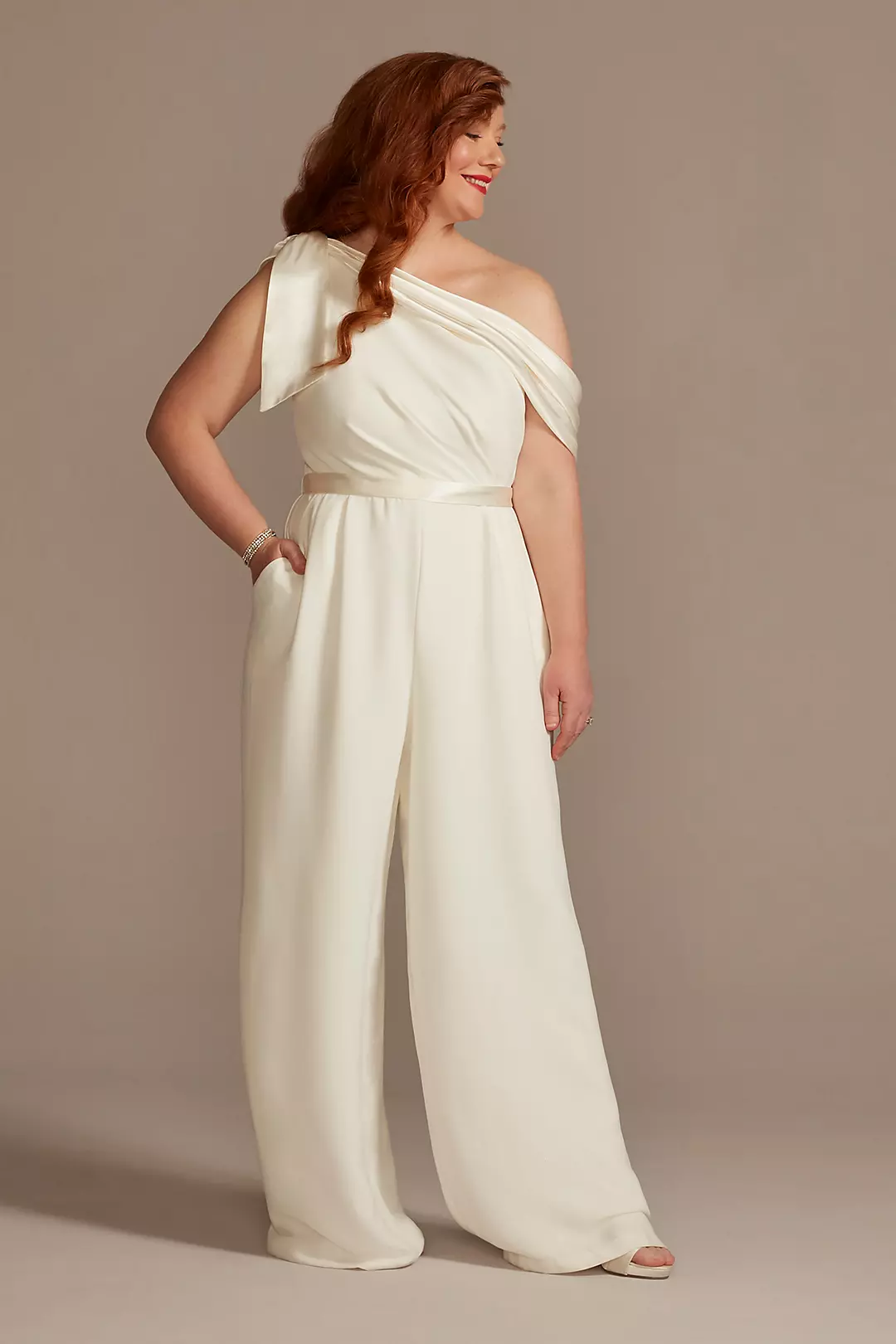 One-Shoulder Crepe Wedding Jumpsuit with Bow Image