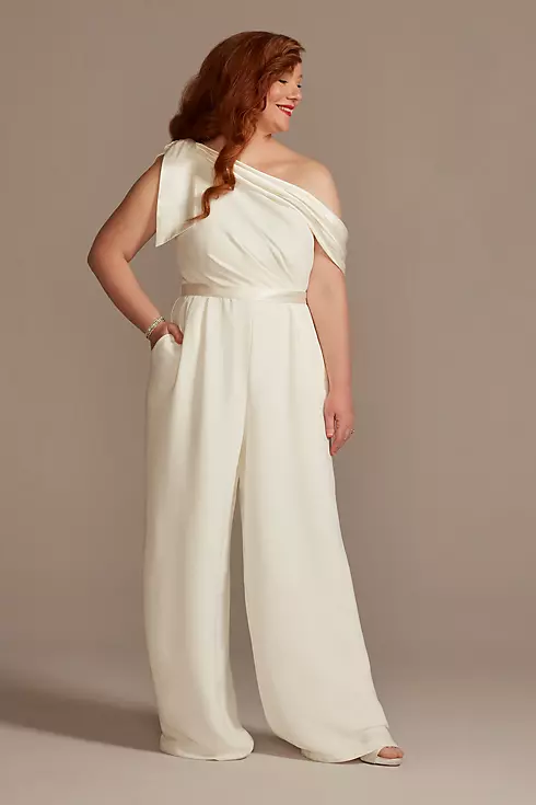 One-Shoulder Crepe Wedding Jumpsuit with Bow Image 1