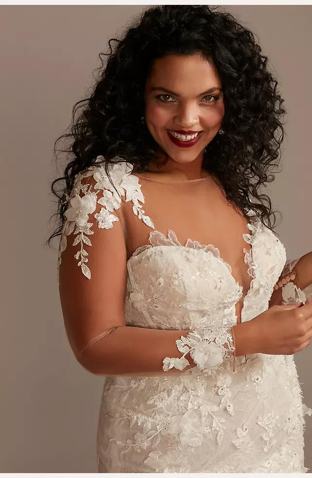 3D Floral Applique Wedding Dress with High Slit Image 3