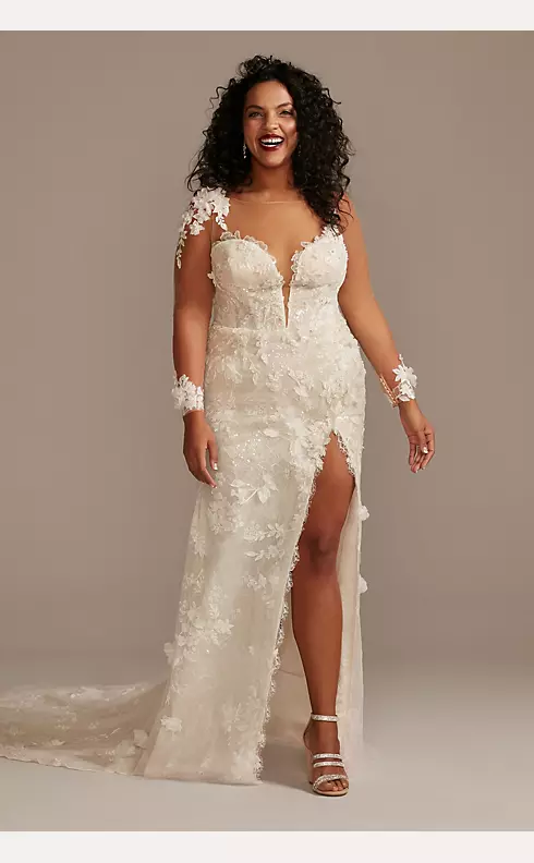 3D Floral Applique Wedding Dress with High Slit Image 1