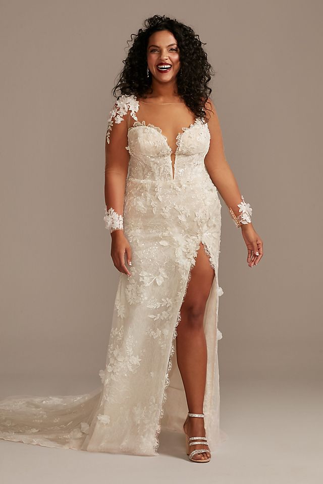 3D Floral Applique Wedding Dress with High Slit Image 10