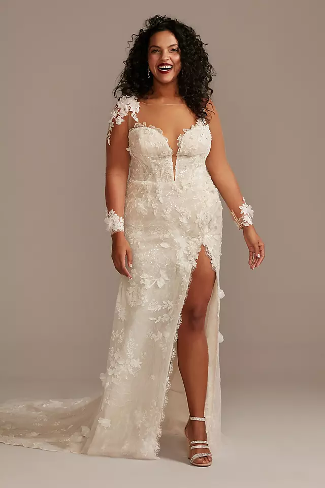 3D Floral Applique Wedding Dress with High Slit Image