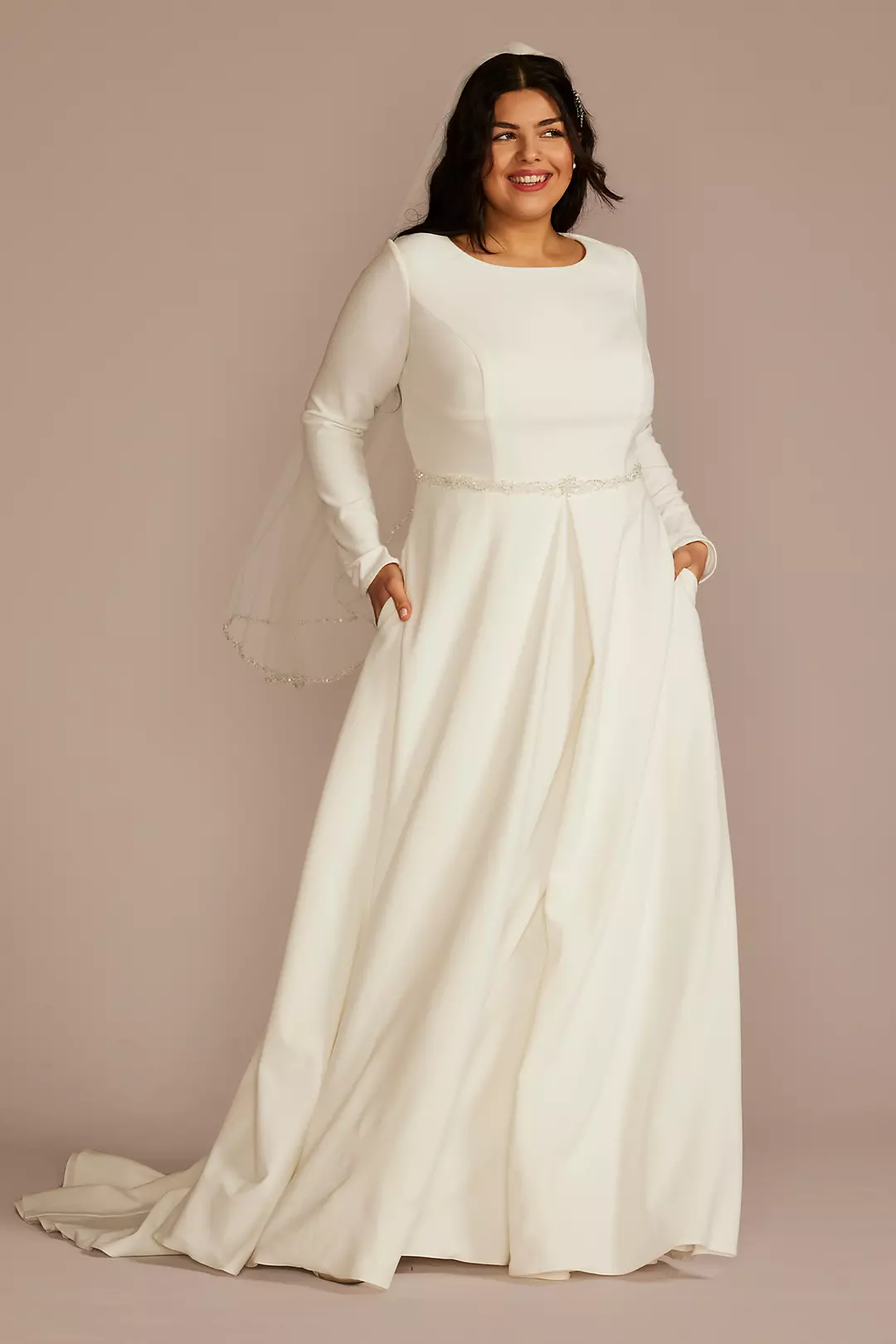 Belted Long Sleeve Crepe Modest Wedding Dress Image