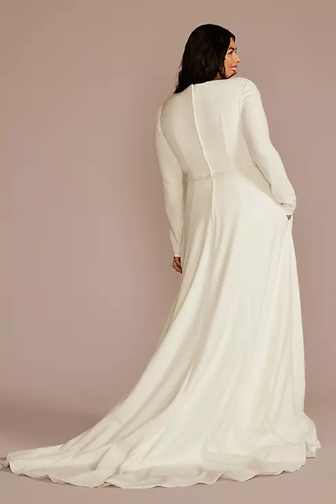 Belted Long Sleeve Crepe Modest Wedding Dress Image 2