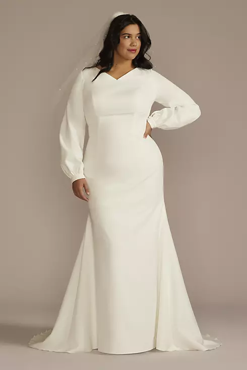 Crepe Billow Sleeve Modest Mermaid Wedding Dress Image 1