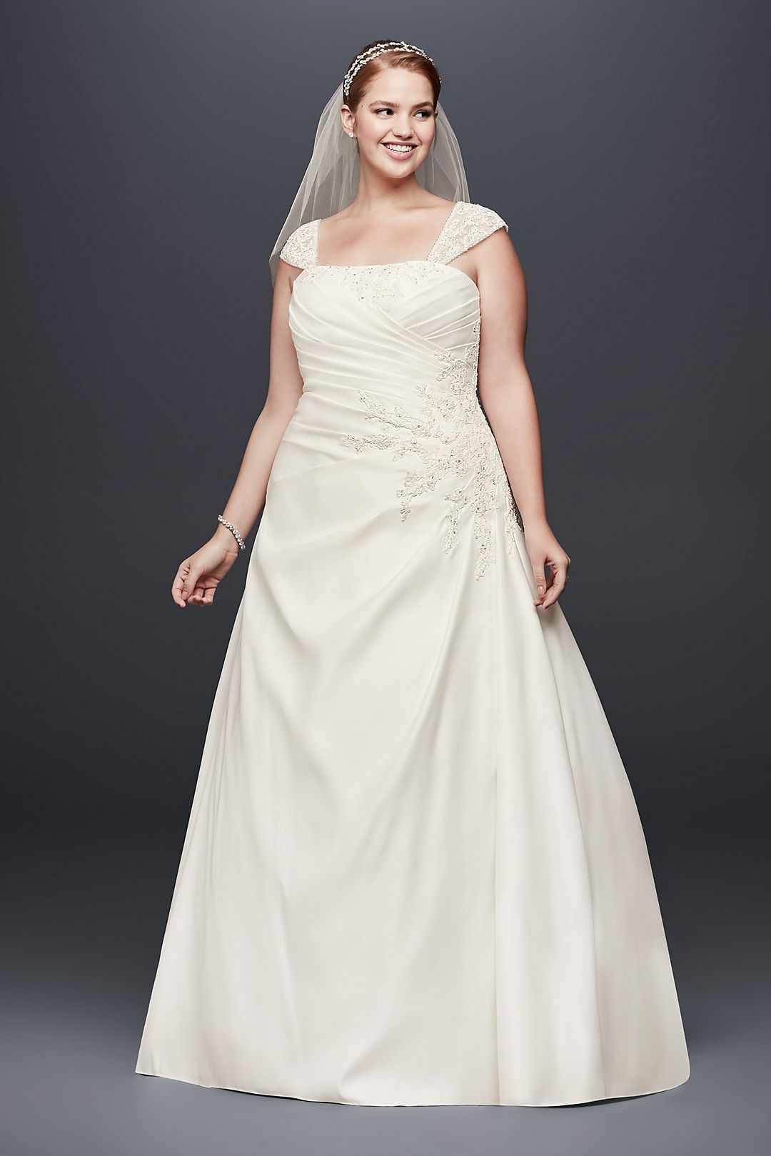 Appliqued Satin Cap Plus Size Wedding Dress | David's Bridal