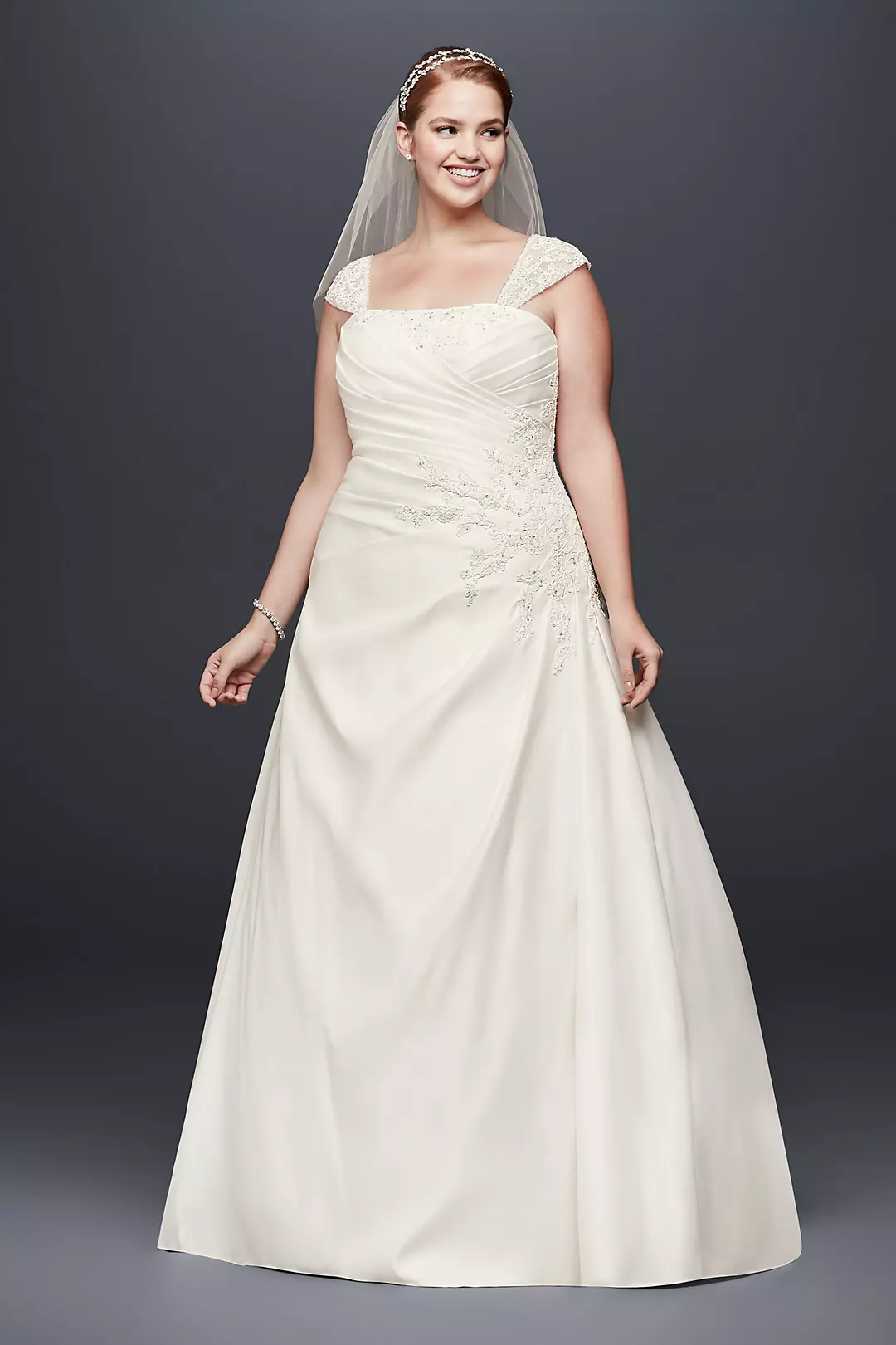 Appliqued Satin Cap Sleeve Plus Size Wedding Dress Image