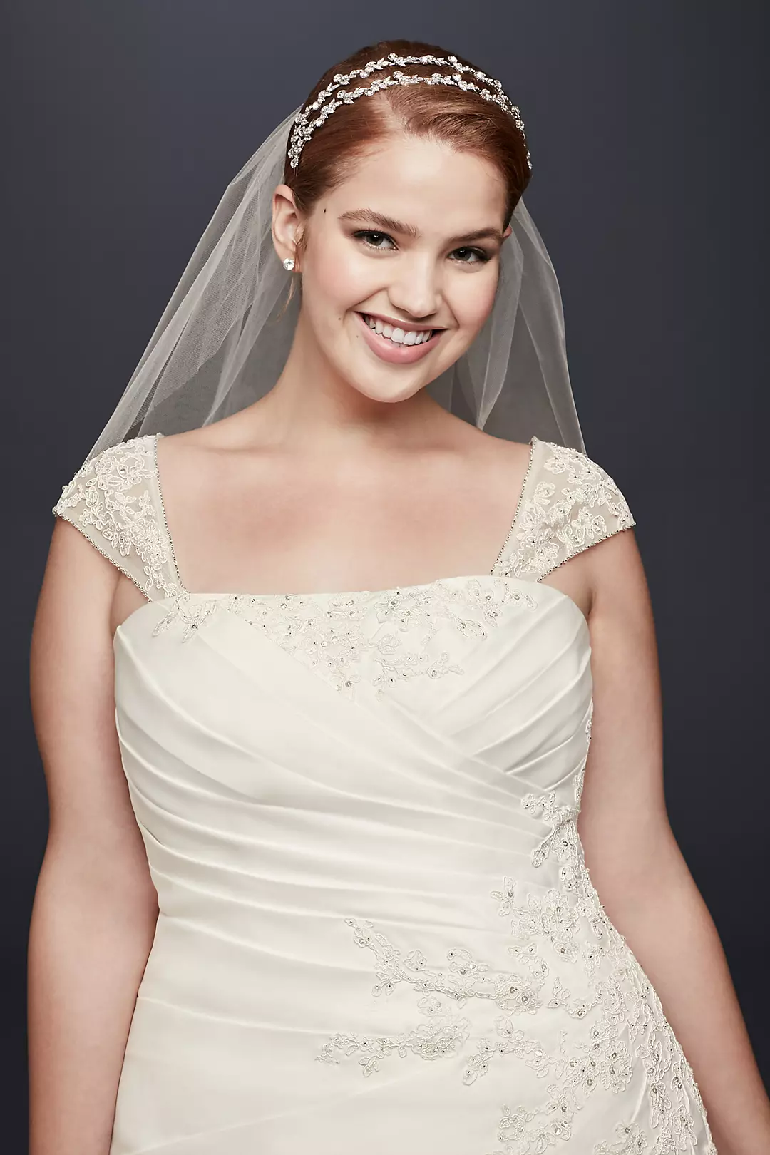 Appliqued Satin Cap Sleeve Plus Size Wedding Dress Image 3