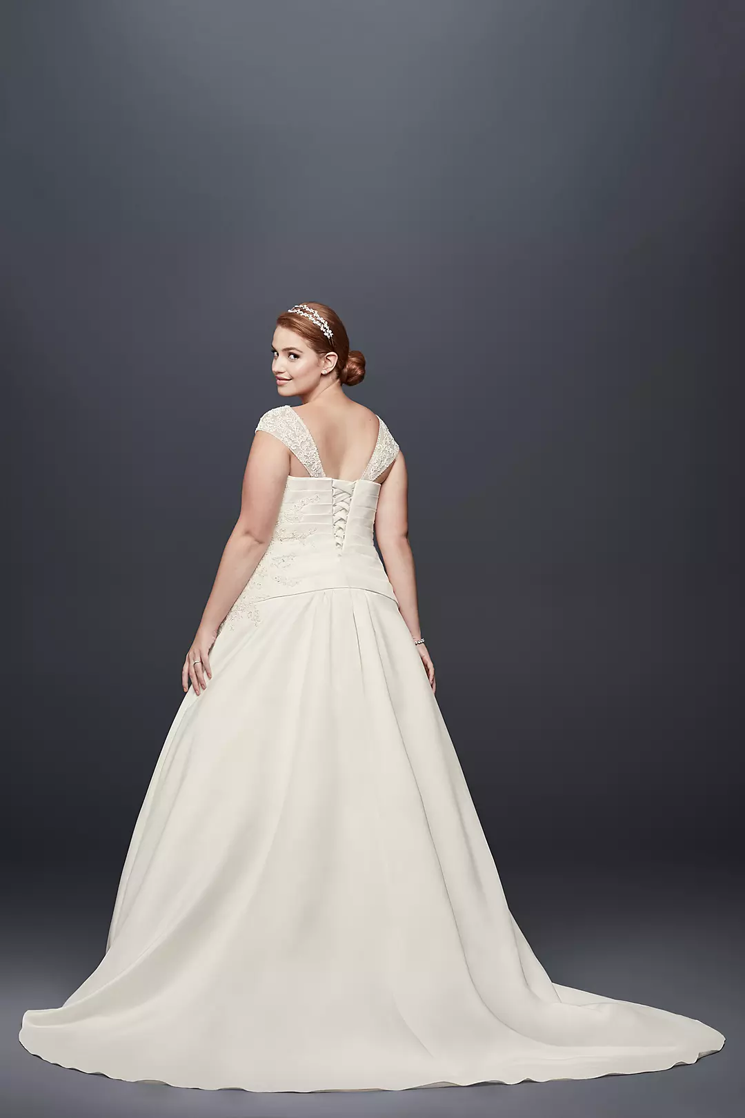 Appliqued Satin Cap Sleeve Plus Size Wedding Dress Image 2