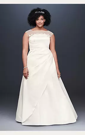 Illusion Neck Ruched Satin Plus Size Wedding Dress Image 1
