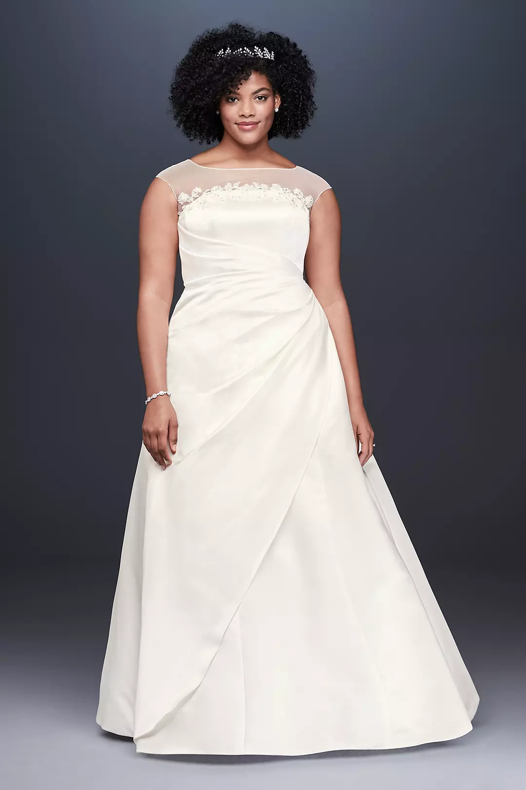 Illusion Neck Ruched Satin Plus Size Wedding Dress Image