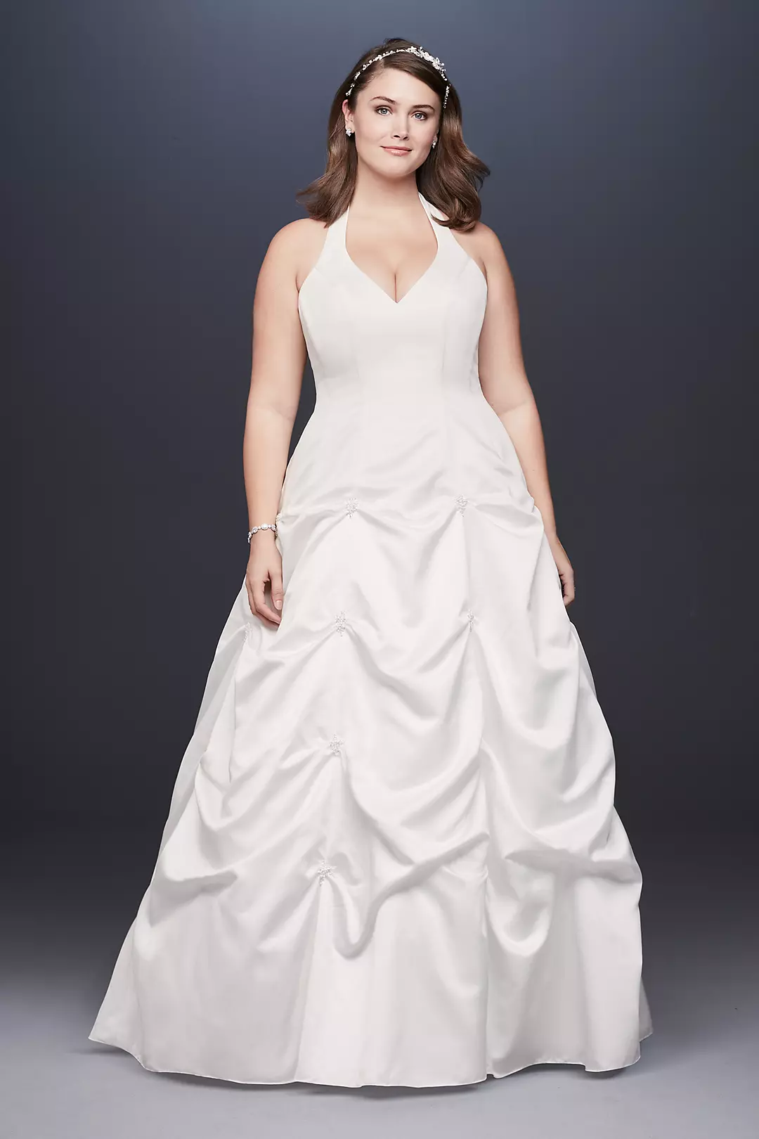 Satin Halter Plus Size A-Line Gown with Pick-Ups Image
