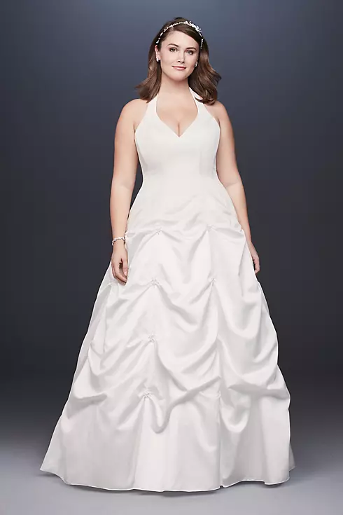 Satin Halter Plus Size A-Line Gown with Pick-Ups Image 1