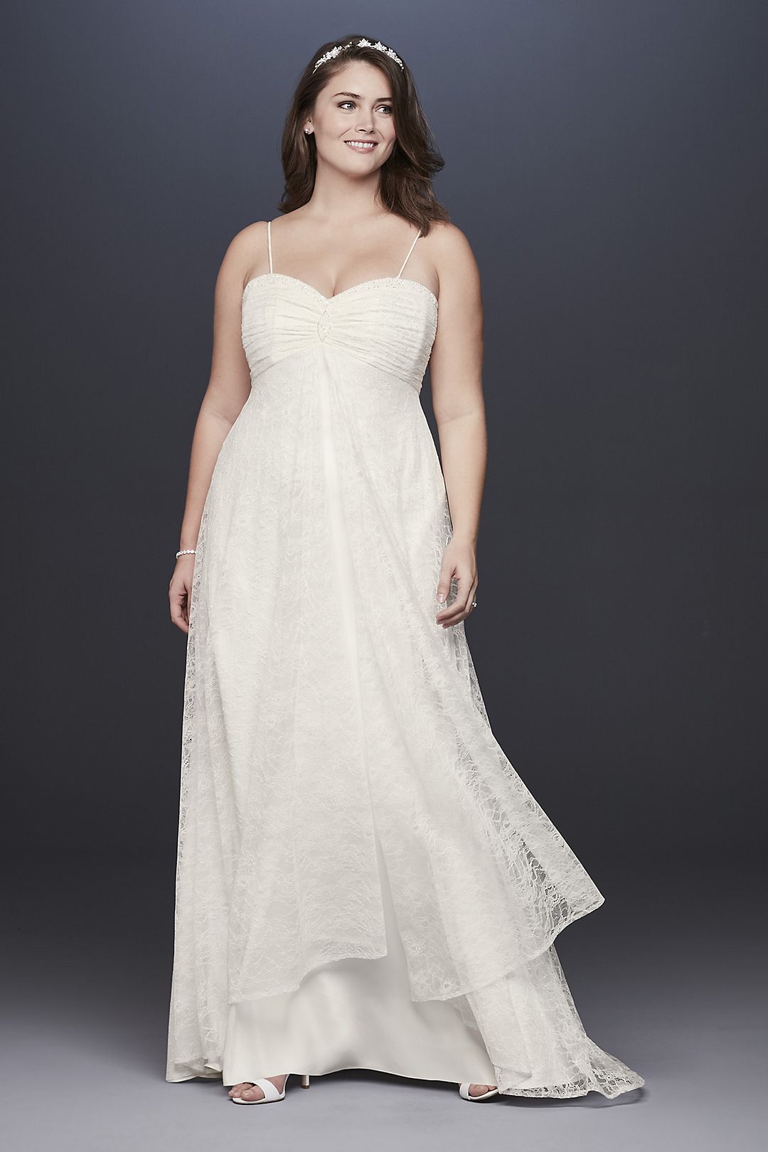Pleated Plus Size Wedding Dress with Lace Overlay Image 1
