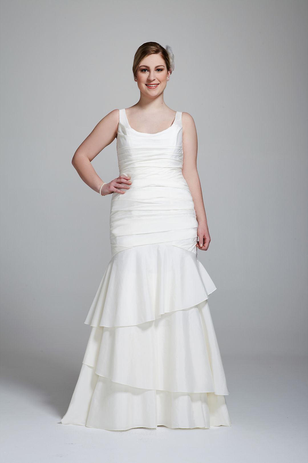Taffeta Scoop Neck Ruched Bridal Gown with Tiering Image 1