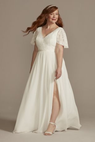 Lace Chiffon Flutter Sleeve A Line Wedding Dress David s Bridal