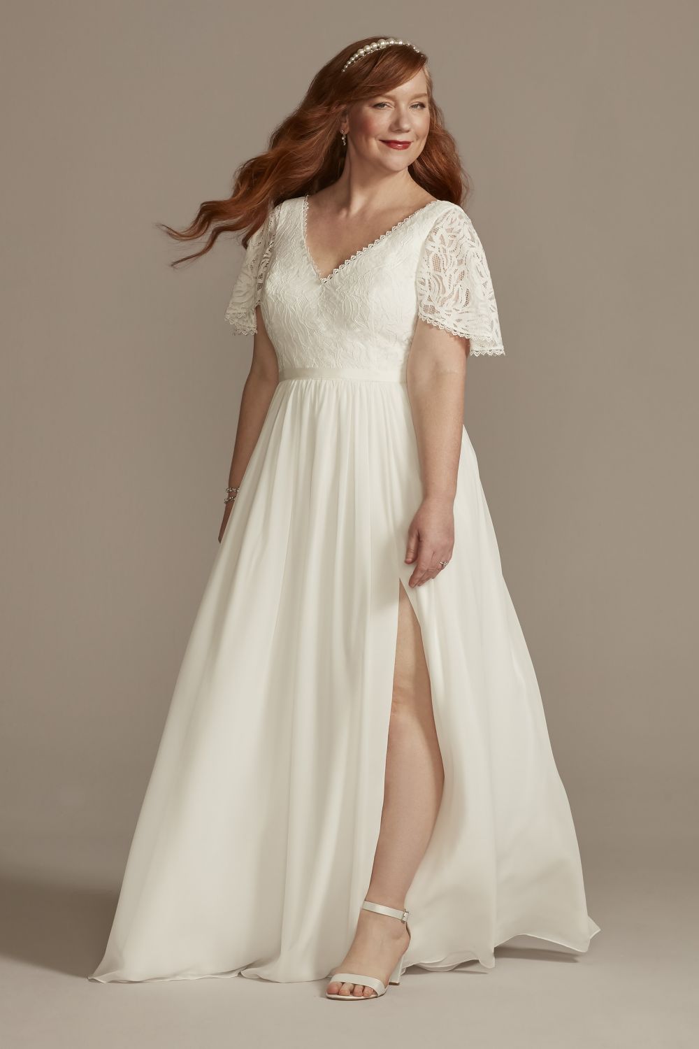 Lace Chiffon Flutter Sleeve Plus Wedding Dress $199.95