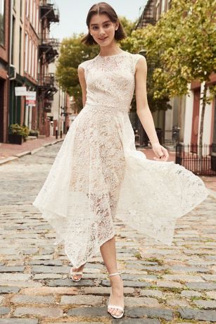 High Neck Lace Dress with Asymmetrical Skirt | David's Bridal