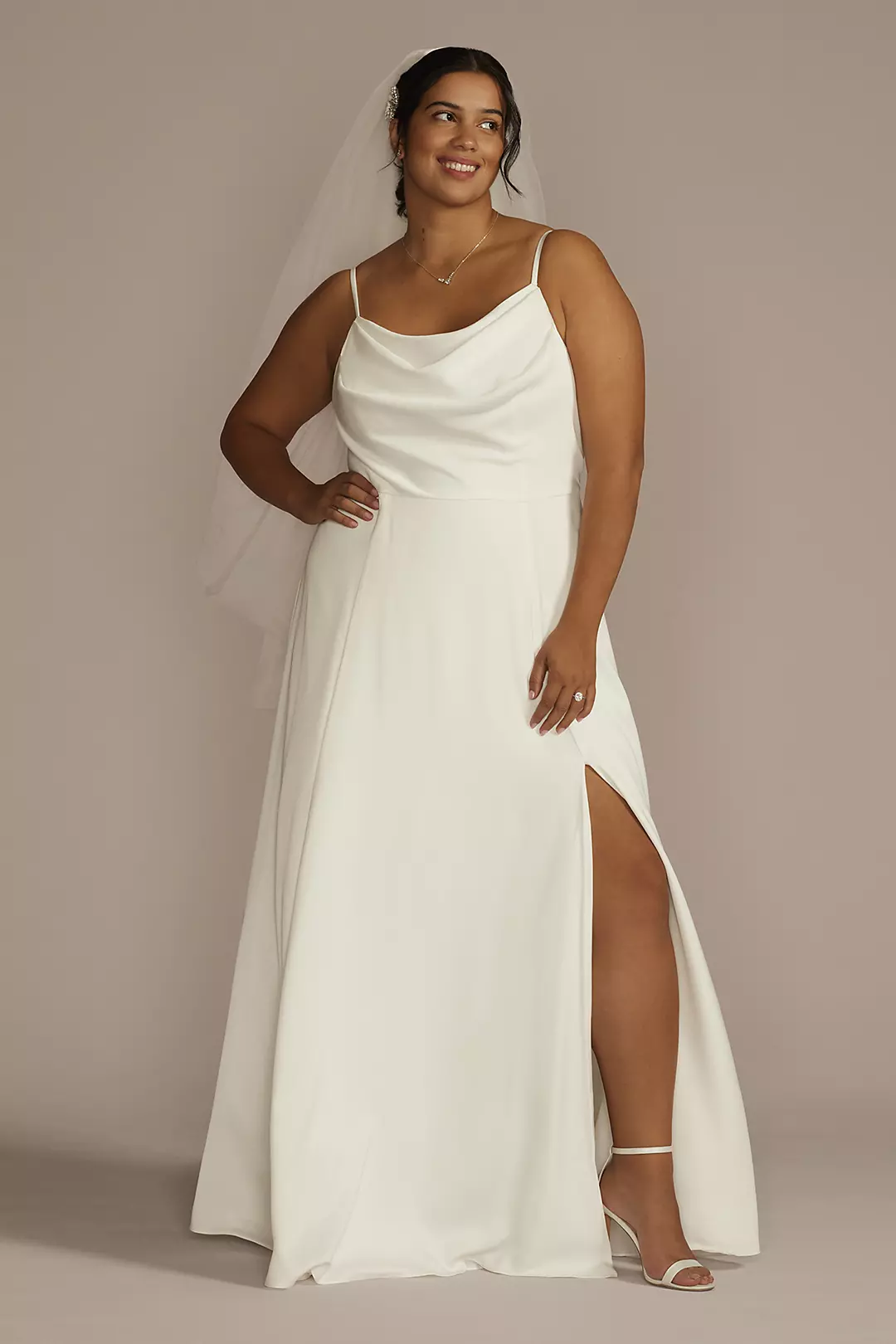 Cowl Neck Crepe Scoop Back A-Line Wedding Dress Image 1