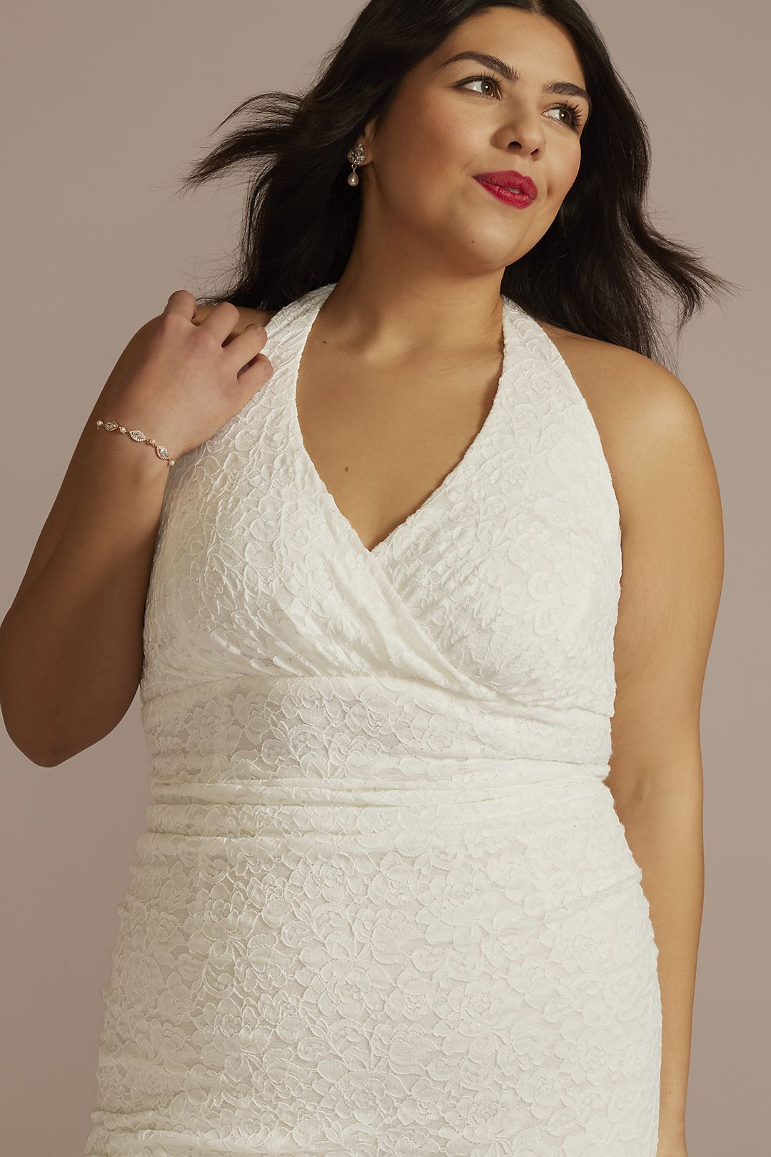 Short Ruched Scalloped Lace Halter Dress Image 3