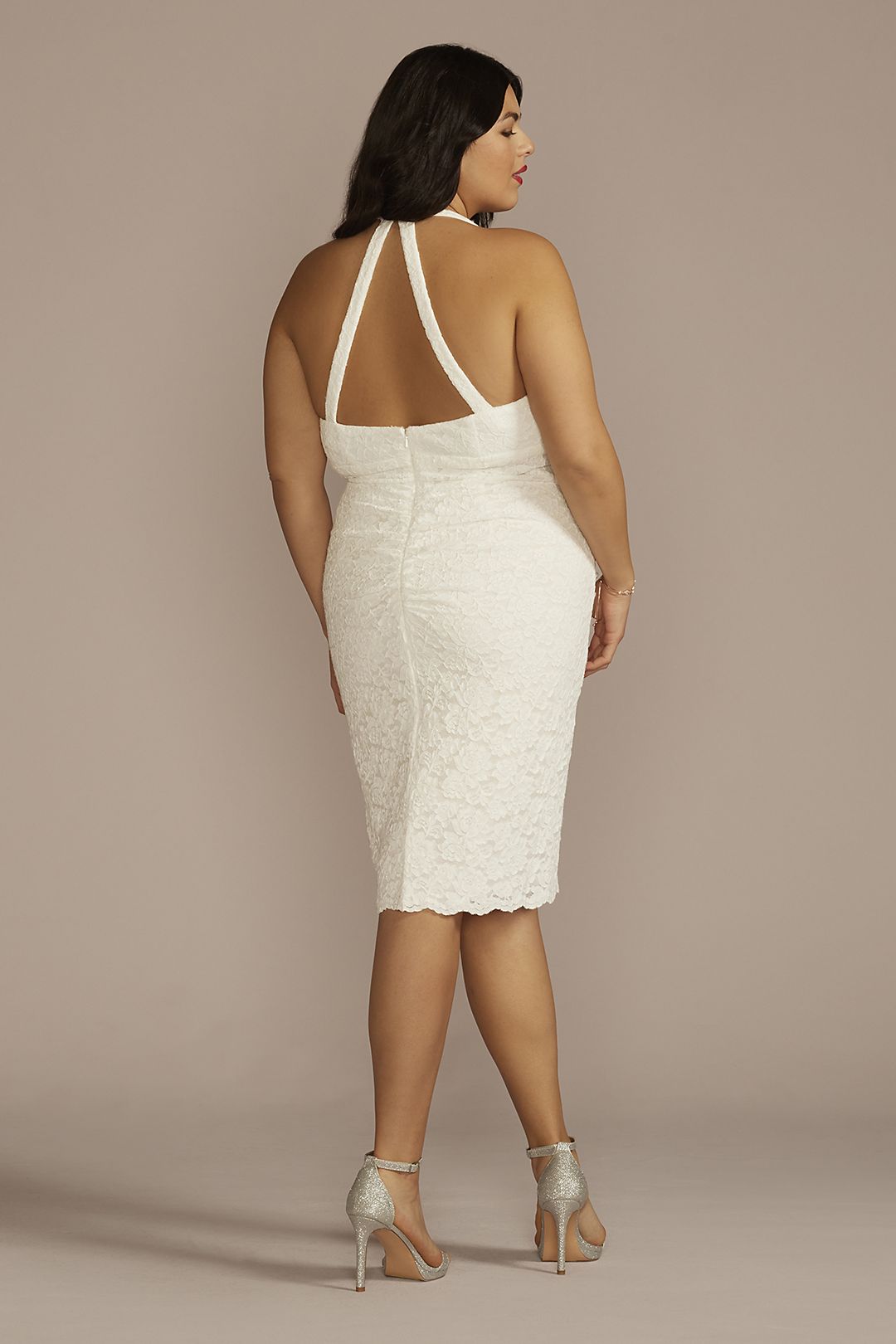 Short Ruched Scalloped Lace Halter Dress Image 2