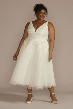 Plus Size One Shoulder Tea Length Wedding Dress