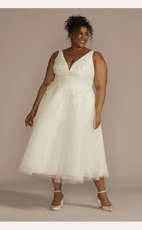 Tea-Length Plunging Neckline Lace Wedding Dress Image 1