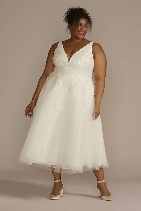Tea-Length Plunging Neckline Lace Wedding Dress Image 1
