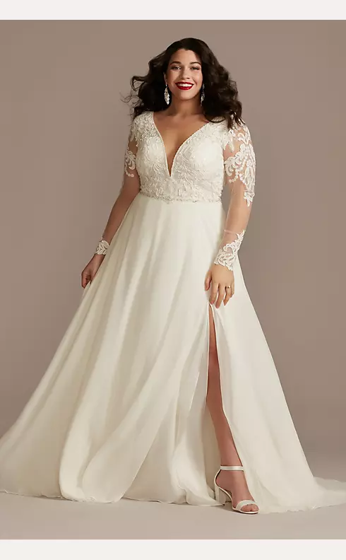 Applique Illusion Chiffon Plus Size Wedding Dress Image 1