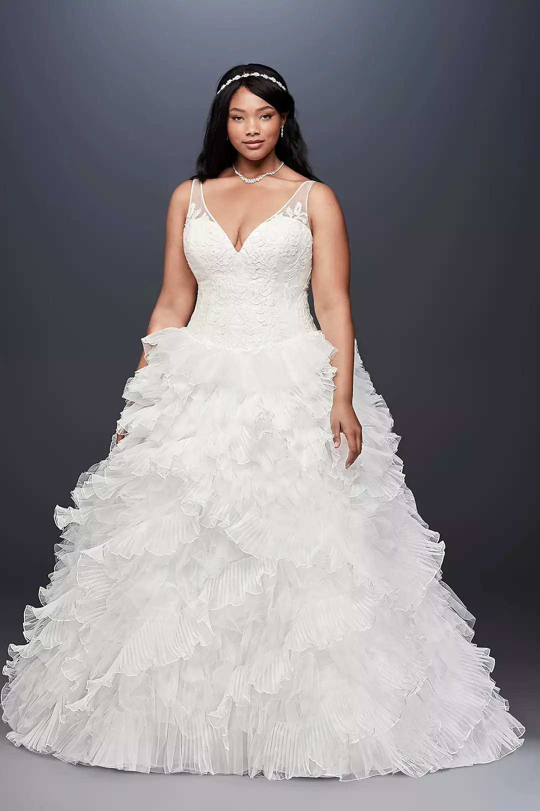 Plunging V-Neck Wedding Gown with Tiered Skirt Image