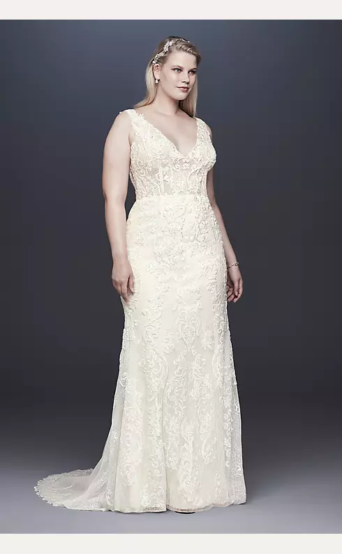 Illusion Lace Sleeved Bodice Glossy Satin Wedding Dress - VQ